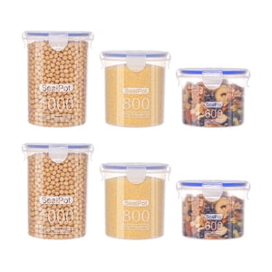 Renjiang Food Storage Container with Airtight Bamboo Lid Set Of 6, Clear Glass Canister Food Jar with Sealing Lid Kitchen Pantry Storage Container for Sugar Flour Cereal Pasta Snack Coffee Beans