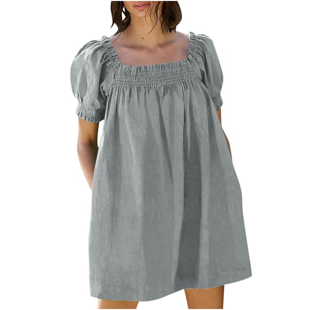 BEFOKA Robe pour Femme Grande Taille, Liquidation de Robes d'Été pour Femmes, Robe d'Été Mini pour Femme Robe de Plage Ligne A Décontractée Ample Robe Soleil avec Poches Plissée à Manches Courtes Col Évasé