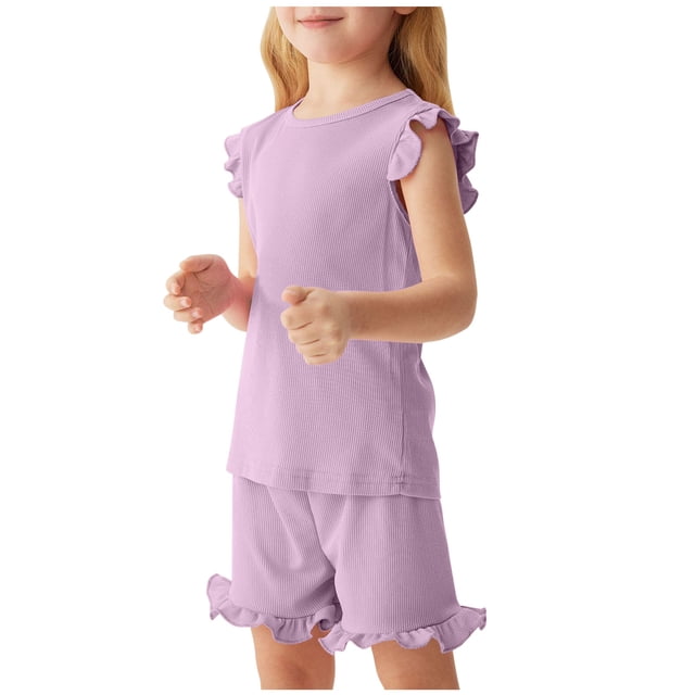 Toddler Girls Summer Short Sets Cotton Rib Knit Outfits Short Ruffle Cap Sleeve Tees T-Shirt Tank Tops + Skorts 2PC Sets Purple 3-4 Years