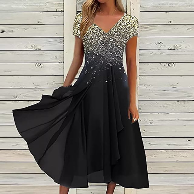 Lenago Robes d'Été Décontractées Grande Taille pour Femmes Robes d'Été pour Femmes Imprimé Floral Manches Courtes Col en V Robe Plissée Fluide Robes de Soirée Plage en Solde