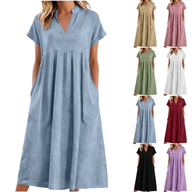 justHIGH Robe Midi en Coton et Lin pour Femme 2026 Été à Manches Courtes Décontractée Robes Plissées Ligne A Robe de Plage avec Poches Bordeaux,TTG