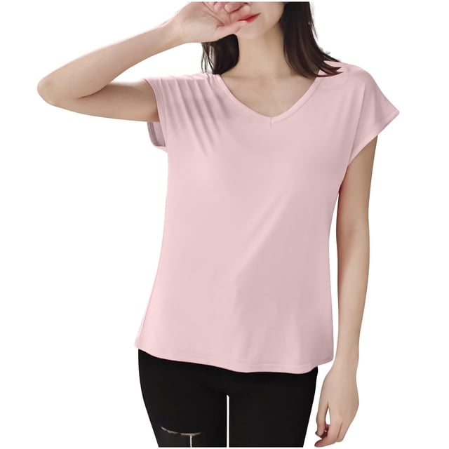 FRSASU T-Shirt de Sommeil Uni pour Femme Haut de Pyjama à Col en V Rose