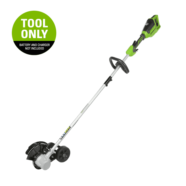 Greenworks 48V (2 x 24V) 8-Inch Brushless Edger (Tool Only) designed for outdoor power equipment needs, featuring an ergonomic lightweight design, an 8-inch blade with curb wheel for precise lawn edging, and tool-less depth adjustment for customizable cutting. Battery and charger not included.