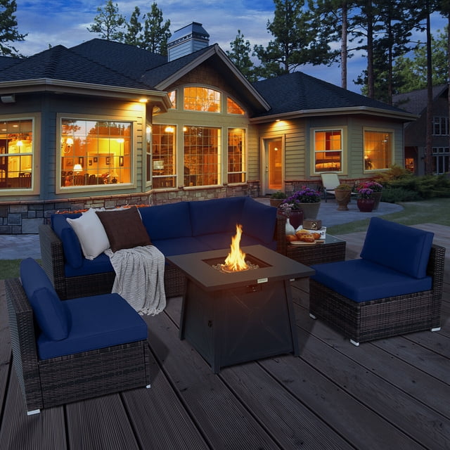 Gymax 7PCS Rattan Patio Sectional Furniture Set w/ 30'' Fire Pit Table & Navy Cushion