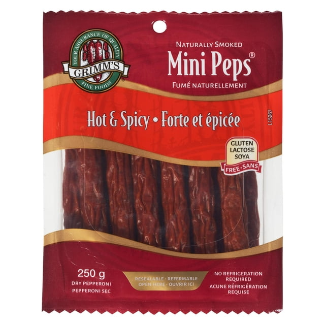 Grimm's (Gluten Free) Hot Mini Pepperoni Sticks in a resealable 250 g bag containing naturally smoked, hot and spicy dry pepperoni sticks that are gluten, lactose, and soy free, require no refrigeration, and are suitable for convenient meat snacks.