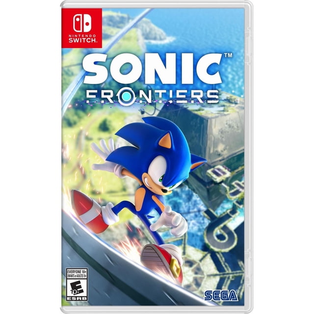 Sonic Frontiers Nintendo Switch Couverture de Jeu Mettant en Vedette Sonic the Hedgehog Courant sur une surface Métallique Courbée avec des Étincelles, sur Fond d'Îles Starfall avec Eau, Forêts et Ruines Anciennes, Incluant les logos SEGA et Nintendo Switch.