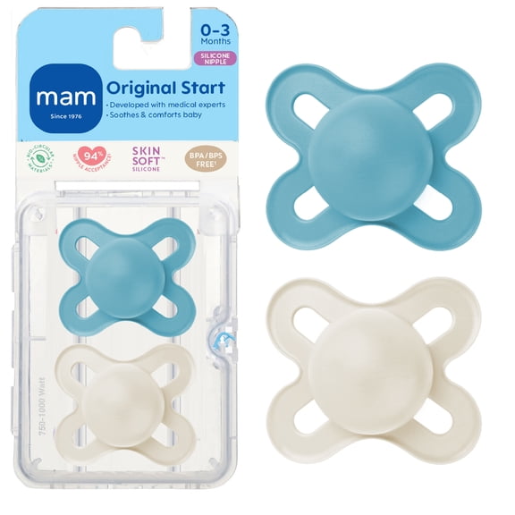 Suces pour nouveau-nés MAM Start Matte, (emballage de deux, 1 boîtier de stérilisation pour suce), suces pour nouveau-né garçon, meilleure suce pour les bébés allaités, boîtier autostérilisant po