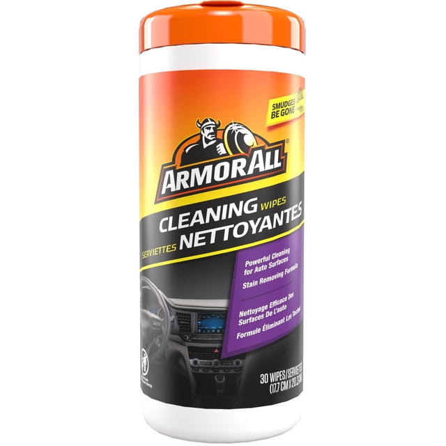 Armor All Cleaning Wipes (30 count) container with an orange lid, designed for automotive cleaning and stain removal on dashboards, vinyl, fabric, and leather, featuring bilingual English and French text and a car interior image on the label.