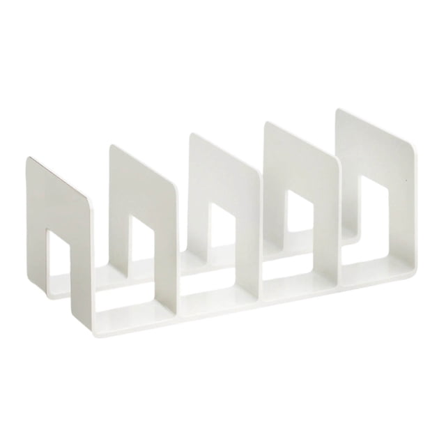 EGNMCR Acrylic Book Stand Reading Stand Desktop Fixed Book Clip Book Storage Artifact Storage Rack, featuring a durable acrylic construction with a modern white finish. The stand includes four partitions for organizing books, review materials, or exercise books, offering a large capacity for efficient storage. Its rounded edges ensure safety, and the thickened, widened design provides stability. Suitable for horizontal or vertical use, this bookend is ideal for home, dorm, or office settings.
