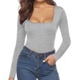 thumbnail image 3 of fartey Justaucorps à Manches Longues pour Femmes Noir Col Carré Extensible Coupe Ajustée Hauts Justaucorps Combinaison Gaine, 3 of 5