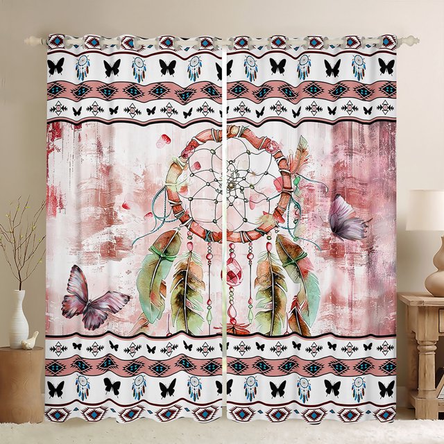 YST Rideaux Occultants Attrape-Rêves Bohème pour Filles Femmes Rideaux Ombrés Rouges, Rideaux et Draperies Boho Aztèques à Rayures Chic Papillon pour Salon, Rideaux de Fenêtre Esthétiques Abstraits
