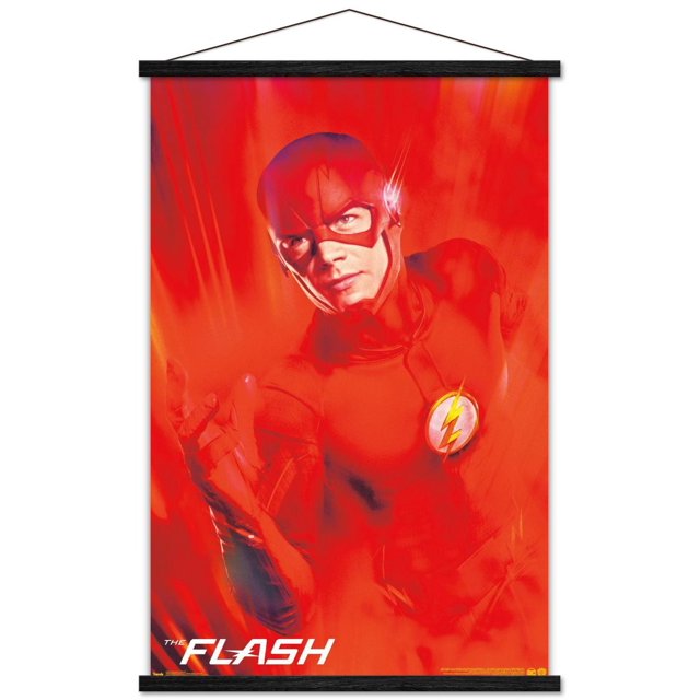 DC Comics TV - The Flash - Affiche Murale d'Art, 22,375 Pouces x 34 Pouces, Mettant en Vedette le Flash en Complet Rouge avec un Emblème de Foudre Jaune sur Sa Poitrine, Montré en une pose Centrée, Orientée vers l'Avant avec des Effets de Flou de Mouvement sur un Fond Rouge Vif, Imprimé sur Papier d'Affiche Lustré avec des Barres Suspendues en Bois Noires, Idéal pour la Déco Murale de Chambre Ou de Bureau.