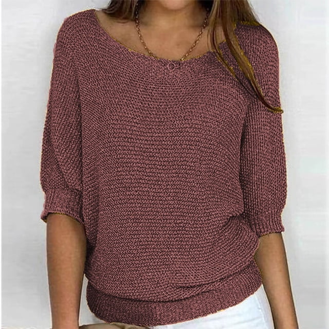 Qertyioot Chandail pour Femme Grande Taille Col Rond Tricot Élégant Manches 3/4 Chemise Confortable