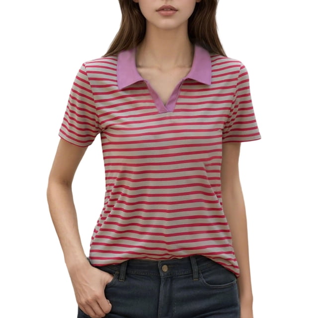 Fgnfyis T-Shirt à Manches Courtes Rayé pour Femme, Col Rond Décontracté, Haut pour Usage Quotidien Printemps Été Automne, Blouse Confortable avec Design de Col Classique, Hauts pour Femmes Décontractés Rouge TTG