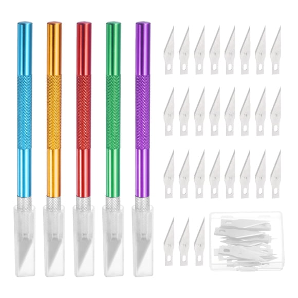 Uxcell 55 Pcs Exacto Knife Set Includes 5 Pcs Craft Hobby Knife and 50 Exacto Blades(Purple, Green, Red, Blue, Gold)
