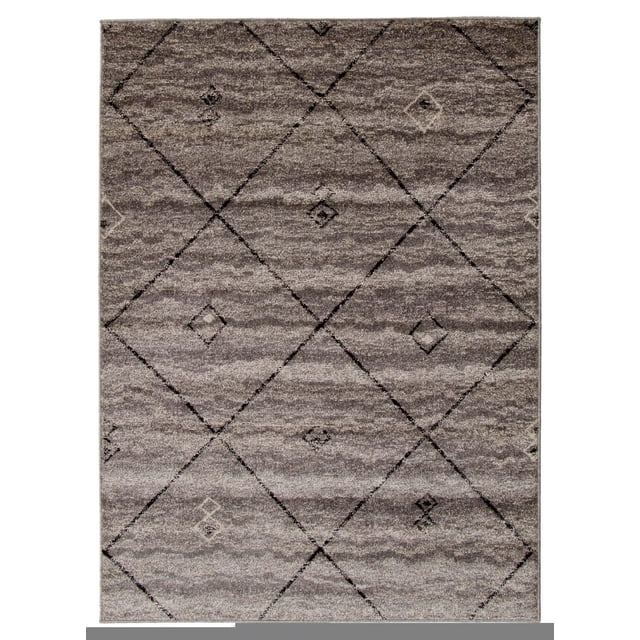 ECARPET Devos Grey/Brown Rug, a plush indoor area rug featuring a Moroccan-inspired geometric pattern of large diamonds and smaller diamond motifs in grey and brown shades, ideal for family homes and accent spaces.