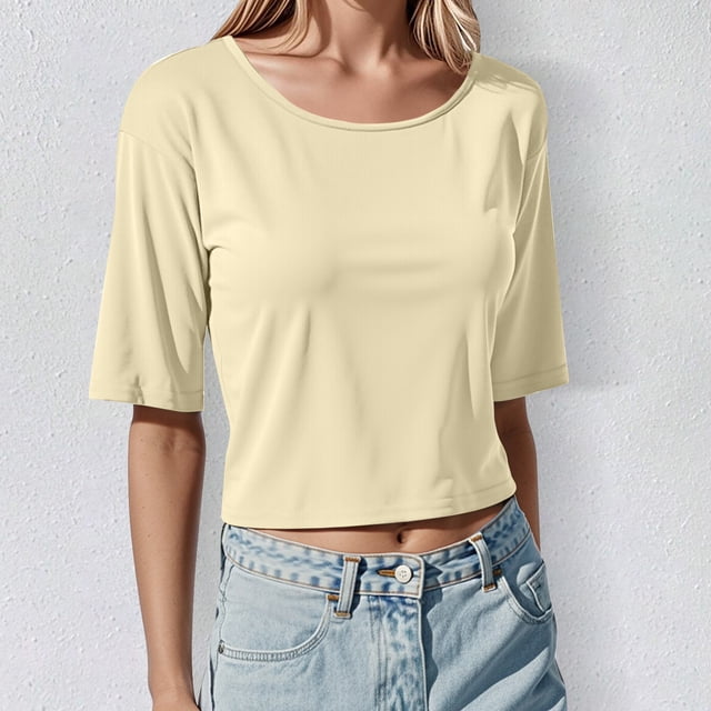 T-Shirt Court Basique Décontracté pour Femme à Col Rond, Manches Courtes, Coupe Ajustée, Haut pour Usage Quotidien avec Jeans, Pantalons, Jupes