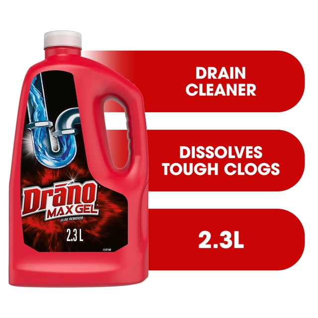 Drano® Max Gel Drain Cleaner and Clog Remover in a red 2.3 L jug with white cap, featuring a label with blue water flowing through a pipe, formulated to dissolve tough clogs in kitchen, bathroom, and laundry drains.