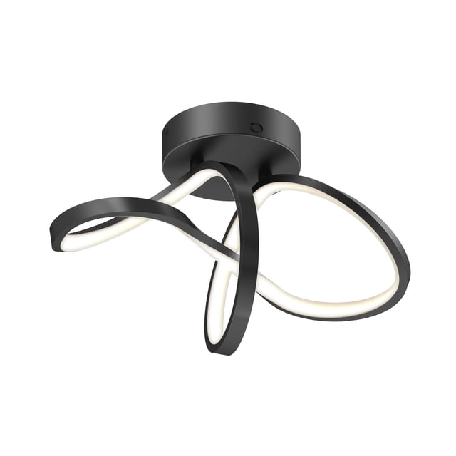 Artika Loop Modern LED Ceiling Light Fixture in black, featuring an entwined ribbon design that disperses light evenly in all directions. This flush mount lighting fixture is ideal for modern spaces such as bedrooms, offices, and bathrooms. It offers a 1,200-lumen output, is compatible with LED dimmers, and allows customization of white light shades—warm, soft, or cool. Designed for small to medium-sized rooms with a lifespan of 50,000 hours.