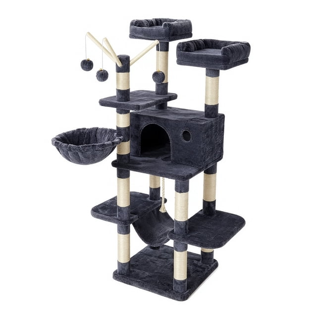 FEANDREA Cat Tree, Large Cat Tower, 64.6 Inches Cat Activity Center Cat Condo, Smoky Gray