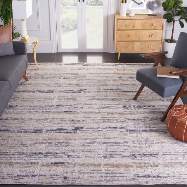 SAFAVIEH Invista Tapis Vintage Abstrait Doncho avec Motif Abstrait Texturé en Tons beige, Gris et Bleu sur Fil Synthétique, Posé sur Plancher de Bois Franc Foncé dans un Salon avec un sofa Gris, Fauteuil Moderne Mi-Siècle et Commode en Bois Clair, Idéal pour Rehausser la Déco de la Maison avec un style durable.