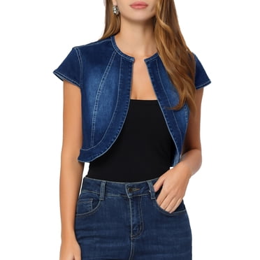 INSPIRE CHIC Women's 2023 Crop Denim Cap Sleeve Slim Fit Summer Jean Jacket L Dark Blue