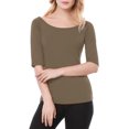 thumbnail image 2 of INSPIRE CHIC Women's Boat Neck Tops Half Sleeves Fitted Layering Soft T-Shirt XS Dark Khaki, 2 of 7