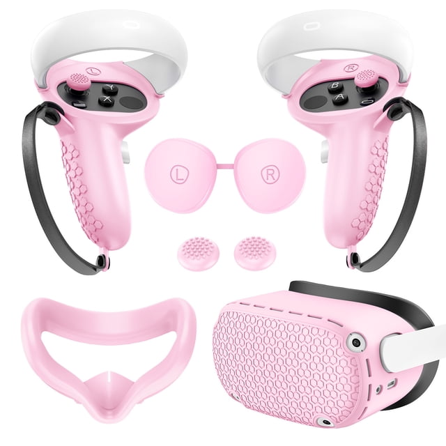 Meta/Oculus Quest 2 Silicone Cover 5 Set in pink, including a host cover, face cover, two grip handle covers, two controller grip covers, and a lens cover. The silicone material features a honeycomb texture for shockproof, anti-slip, and waterproof protection. Adjustable PU leather straps on the grip covers ensure a secure fit during VR gaming. The face cover blocks light for an immersive experience, while precise cutouts maintain heat dissipation and signal tracking. Suitable for Meta Quest 2 VR accessories.