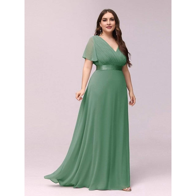 Plus Size Evening Dresses Long Elegant A Line V Neck Ruffles Chiffon Formal Wedding Party Dress Robe De Soiree