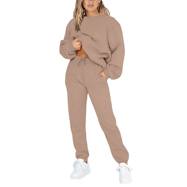 Innerwin Two Piece Outfit Drawstring Women Jogger Set Sports Long Sleeve Beam Foot Sweatsuits Khaki 3XL