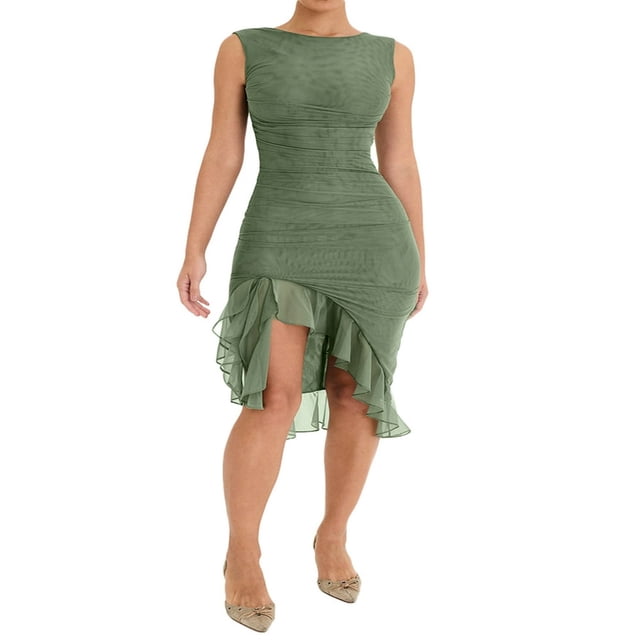 Robe Midi Fendue Sans Manches pour Femmes, Col en V, Fendue Haute, Élégante pour Fête