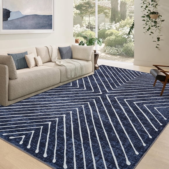 YUSAZENS 8x10 Modern Geometric Stripe Area Rug Washable Non-Slip Stain Resistant Indoor Carpet for Living Room Bedroom Dining Office Blue