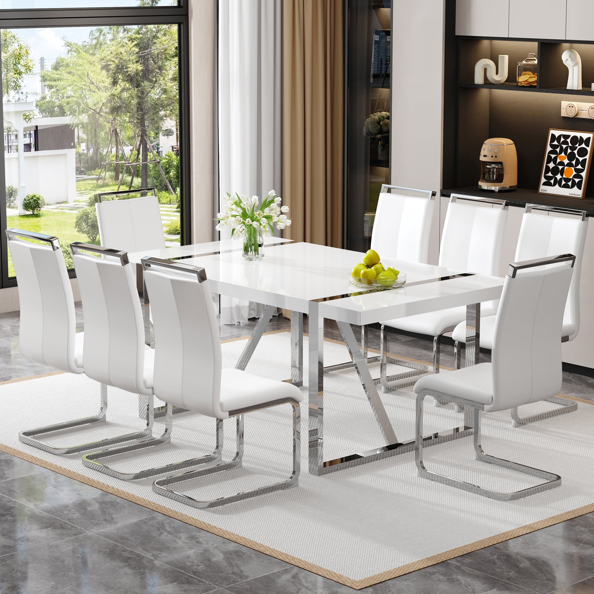 Noble House Industrial Rectangular Dining Table,2.3" Thick Wood Grain White MDF Top with Silver Metal Legs,White/Silver