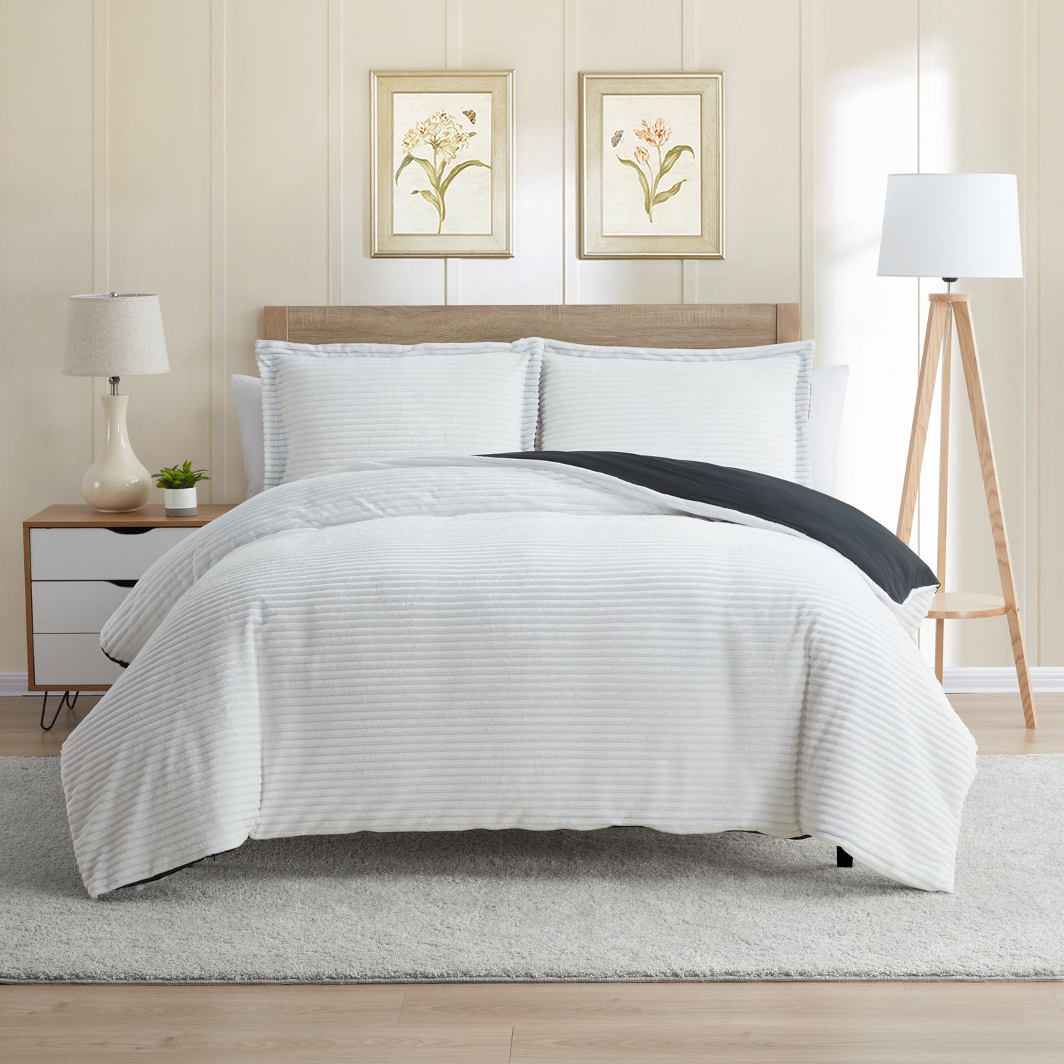 Nestl Ensemble de Housse de Couette, Design Réversible avec devant en Molleton Peluche Découpé et Dos en Microfibre Brossée Douce pour Couettes, Ensemble 3 Pcs avec Fermeture Éclair et Attaches, Housse de Couette Très Grand, Blanc/noir