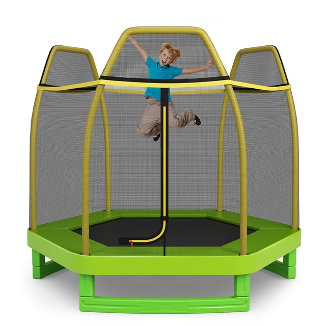 Costway Trampoline pour Enfants de 7 Pi Extérieur Intérieur Récréatif Sauteur avec une base Verte Vibrante, des Poteaux en Filet Jaune Enveloppés de Mousse et un Filet d'Enceinte à Haute Densité. le Trampoline Comprend une Aire de Saut Spacieuse avec un Coussin à Ressorts Sans Joints pour la Sécurité et une Fermeture Éclair Double Face avec une Boucle pour une Entrée Sécurisée. Conçu avec un Cadre en Acier Galvanisé et une base en U Élargie pour la Stabilité, Il Convient aux Enfants de 3 Ans et Plus. Idéal pour une Utilisation Intérieure et Extérieure, Tels Que les Salles de Jeux, les Cours Arrière