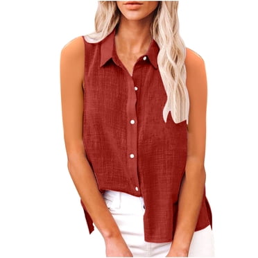 Olyvenn Camisoles en Coton et Lin pour Femmes Sans Manches à Col, Hauts Surdimensionnés, Chemisiers Boutonnés, Chemises de Travail, T-Shirt d'Été Décontracté Rouge TG