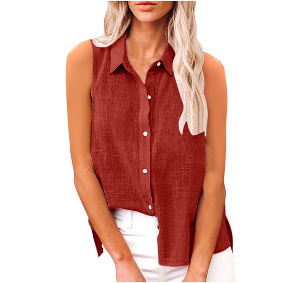 Olyvenn Cotton Linen Tank Shirts for Women Sleeveless Collared Tops Oversized Button Up Blouses Work Shirts Casual Summer Tshirt Red XL