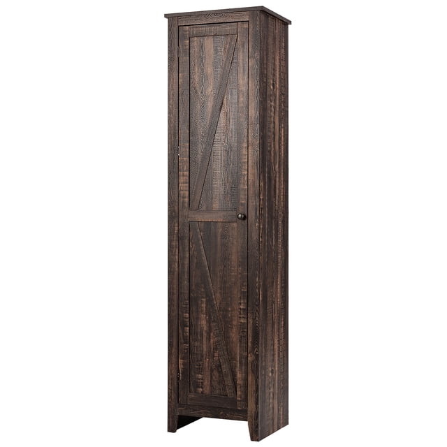 Costway Linen Tower Bathroom Storage Cabinet Tall Slim Side Organizer with Shelf in walnut finish. This freestanding cabinet features a textured wood grain design, a single door with a round knob, and raised feet for stability in damp spaces. Perfect for bathroom furniture, it offers four shelves for organizing towels, toiletries, or other items. Suitable for bathrooms, living rooms, or bedrooms.
