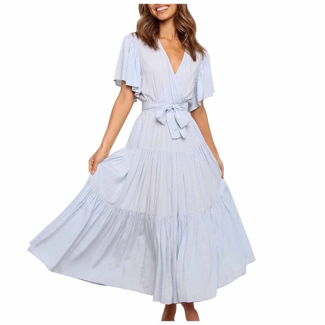 Birdeem Robe Décontractée Mode Femme Couleur Unie Col en V à Lacets Manches Évasées