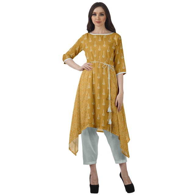Moomaya Printed Kurti Kurta Pant Set Boat Neck WoMen's Asymmetric Ethnic Wear