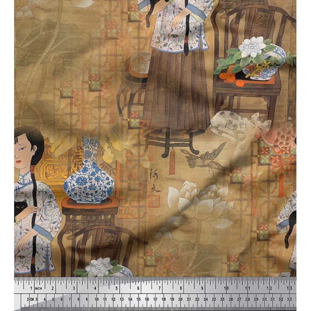 Soimoi Modal Satin Fabric Flower Vase,Cat & Girl Human Figure Print Sewing Fabric Yard 42 Inch Wide