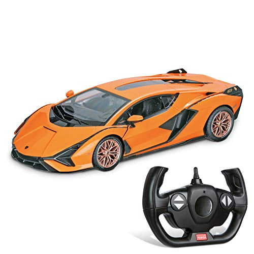 Rastar Lamborghini Toy Car, 1/14 Lamborghini Sian Radio-Controlled Vehicle, an orange RC car with a hard shell and detailed design replicating the Lamborghini Sian. Features a dual-frequency remote control with seven driving functions for smooth operation. Perfect for gifting occasions like birthdays or Christmas.