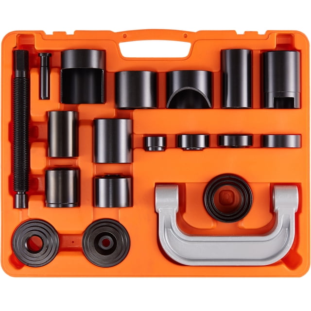 VEVOR Ball Joint Press Kit C-press Ball Joint Tools 21 pcs Automotive Repair Kit displayed in an orange lockable carrying case. The kit includes a C-clamp, jackscrew, adapters, installation and receiving cups, and other components made of heavy-duty carbon steel with a black oxide finish for corrosion resistance. Suitable for removing and installing ball joints, U-joints, and brake anchor pins on most 2WD and 4WD vehicles, including models with Dana 28, 30, 35, 44, or 60 front axles. Compatible with brands like Ford, GM, Dodge, IHC, and Jeep.
