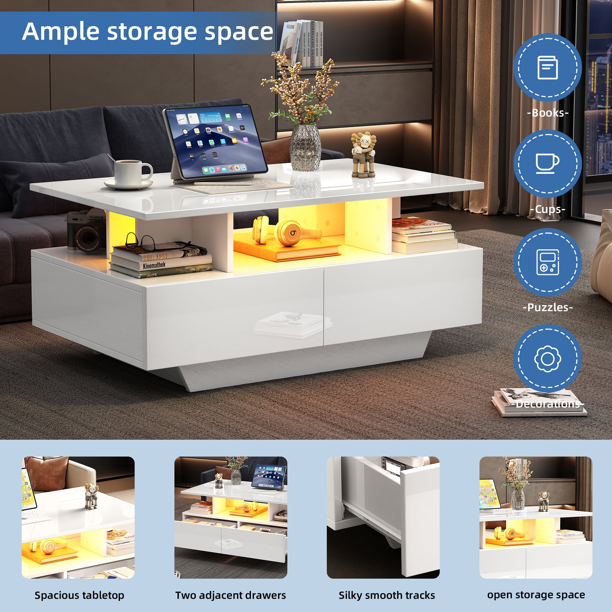 Homy Casa, table basse blanche avec DEL, 2 tiroirs, rangement ouvert et contrôle Bluetooth par appli pour salon