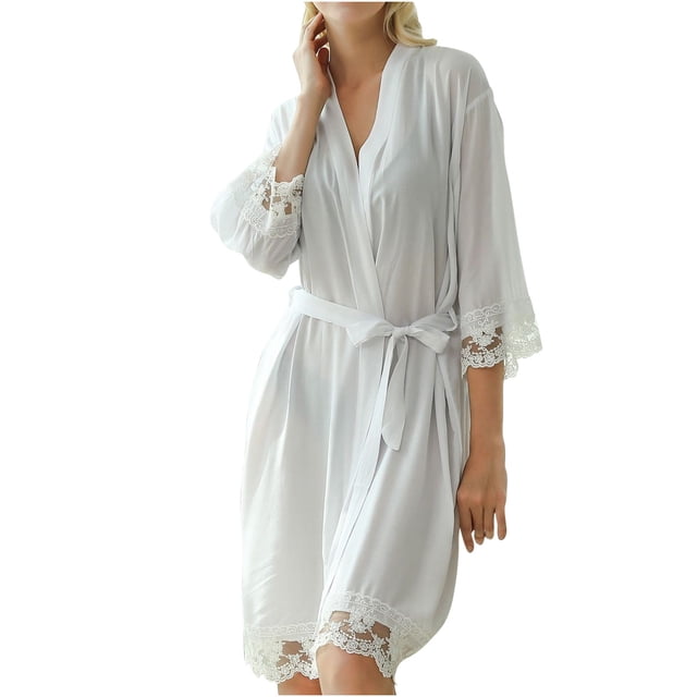 Penkiiy Robe en Dentelle Patchwork Pyjama de Maison pour Femmes Pyjama à Manches Longues pour Femmes Chemises de Nuit Peignoirs Tenue d'Intérieur S Blanc