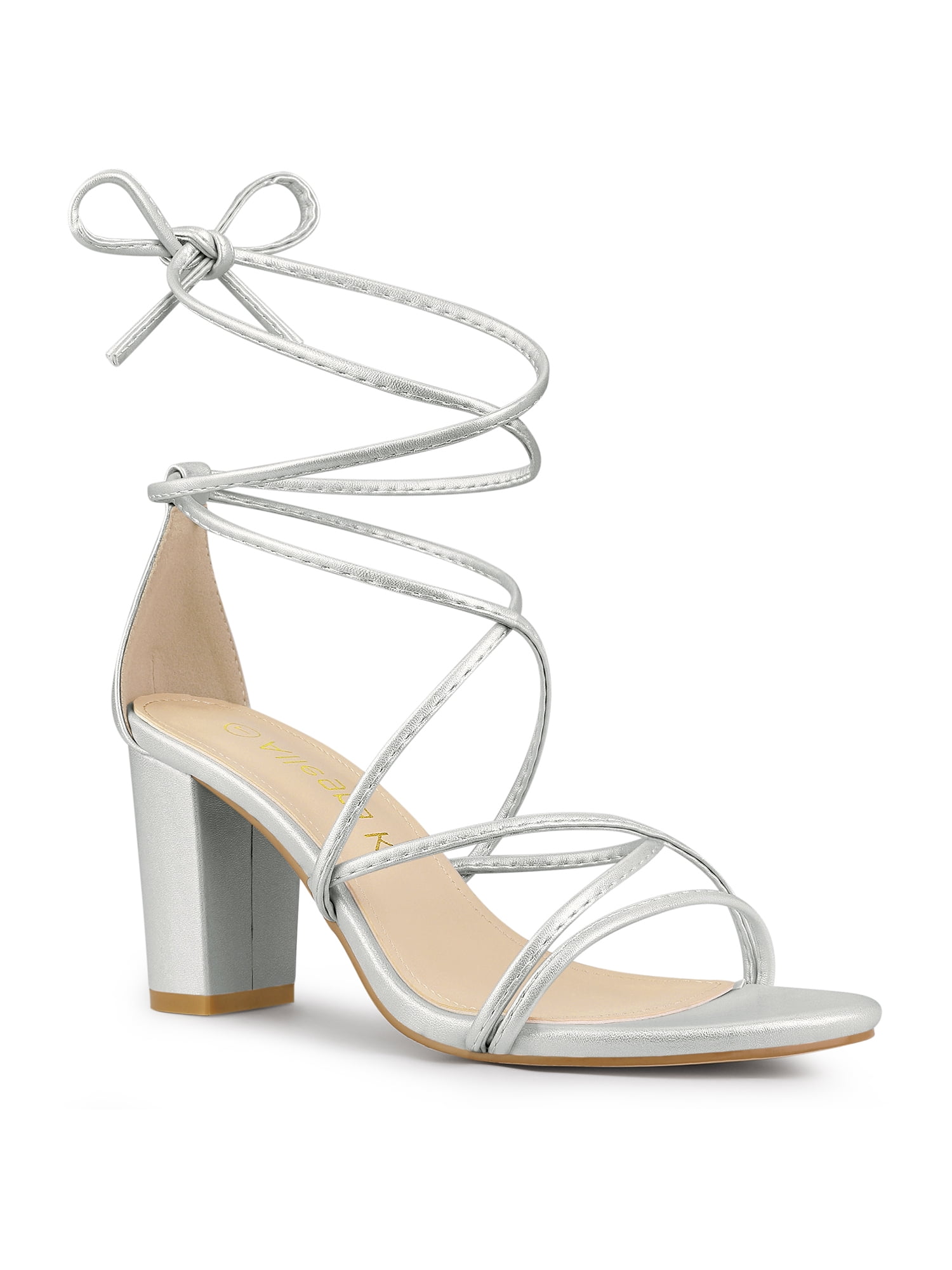 BLISSFUL STEP Chaussures pour Femmes à Bout Ouvert à Lacets Talon Bloc Sandales à Brides Argent 7