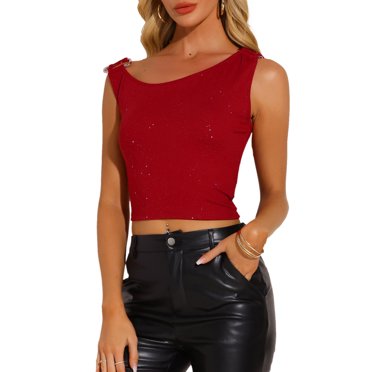 INSPIRE CHIC Women's Sequin Off Shoulder Sleeveless Y2K Going Out Crop Tank Top L Red