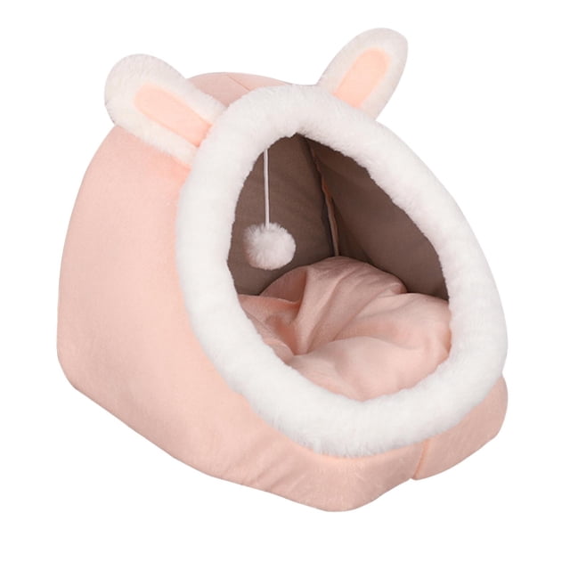 Pet Plush Burrowing Cave Hooded Cat Bed Donut by Siruishop, featuring a soft pink fabric exterior with white faux fur trim and bunny ear accents. The enclosed design provides a cozy hideaway for cats, with a removable cushion pad for easy cleaning. Suitable for pets up to 7.5kg, measuring approximately 40x40x32cm.