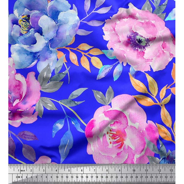 Soimoi Blue polyester Crepe Fabric Leaves & Floral Fabric Prints by Yard 52 Inch Wide