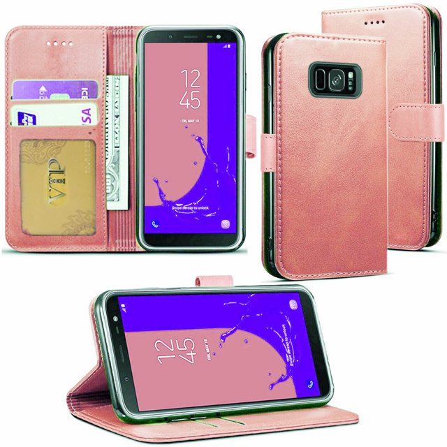 Samsung Galaxy S8 Case, Leather Magnetic Card Slot Wallet Folio Flip Case Cover in a soft pink color. The case features multiple credit card slots, a pocket for bills, and a magnetic clasp for secure closure. It is made of premium synthetic leather with a TPU inner case for shock absorption and drop protection. The design allows the case to convert into a media stand. Shown in various angles, including open to display card slots and folded as a stand.